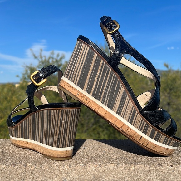 Prada Black Leather Platform Ankle Strap Wedge Sandals EU 38 - Picture 14 of 16